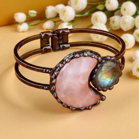 🆕 Pink Rose Quartz & Labradorite Moon Natural Stone Bangle Cuff Bracelet 🌈✨ - Picture 11 of 15